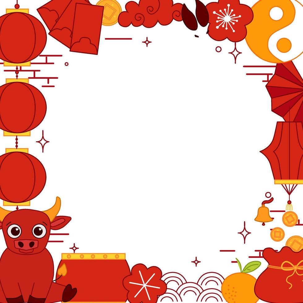 Classic Chinese elements 2033 bull lunar lantern festival CNY graphic line style square frame scroll board decoration vector