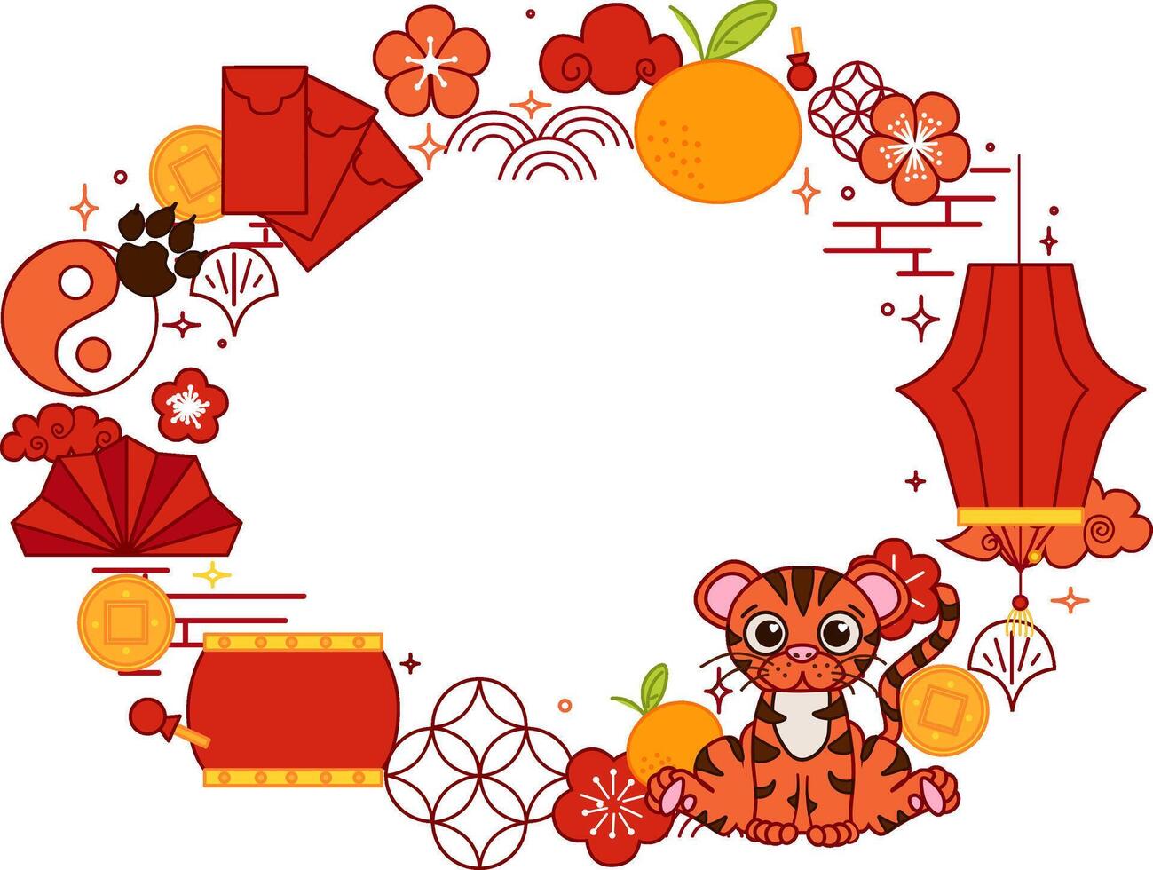Chinese new year 2034 Tiger lunar lantern festival oval frame template for your text. CNY related objects graphic illustration vector