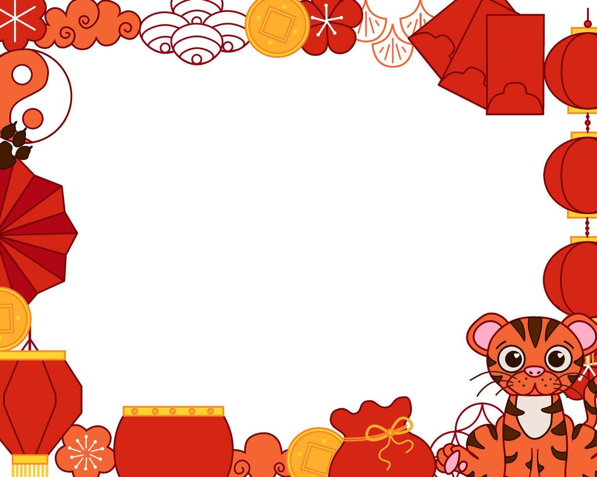 2034 New year of Tiger. Chinese traditional elements for lunar lantern festival with cute baby tiger character graphic line rectangle frame template illustration. vector