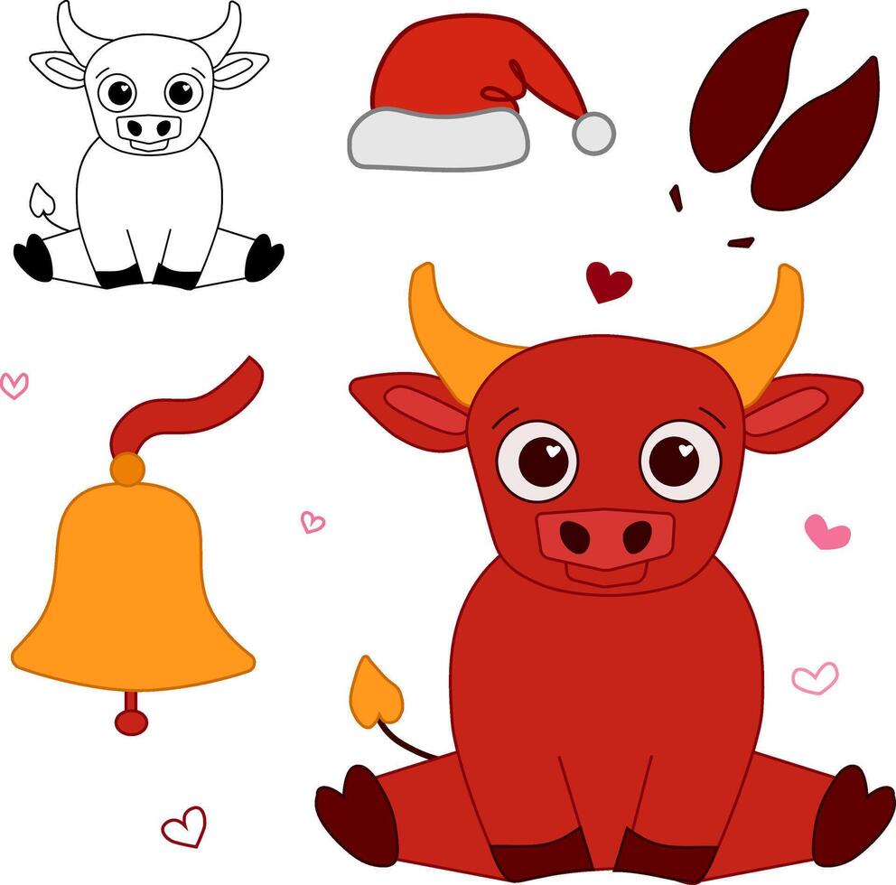 Set character cute baby bull with accessories bell, footstep, santa hat. graphic line Farm animal in cartoon style. vector