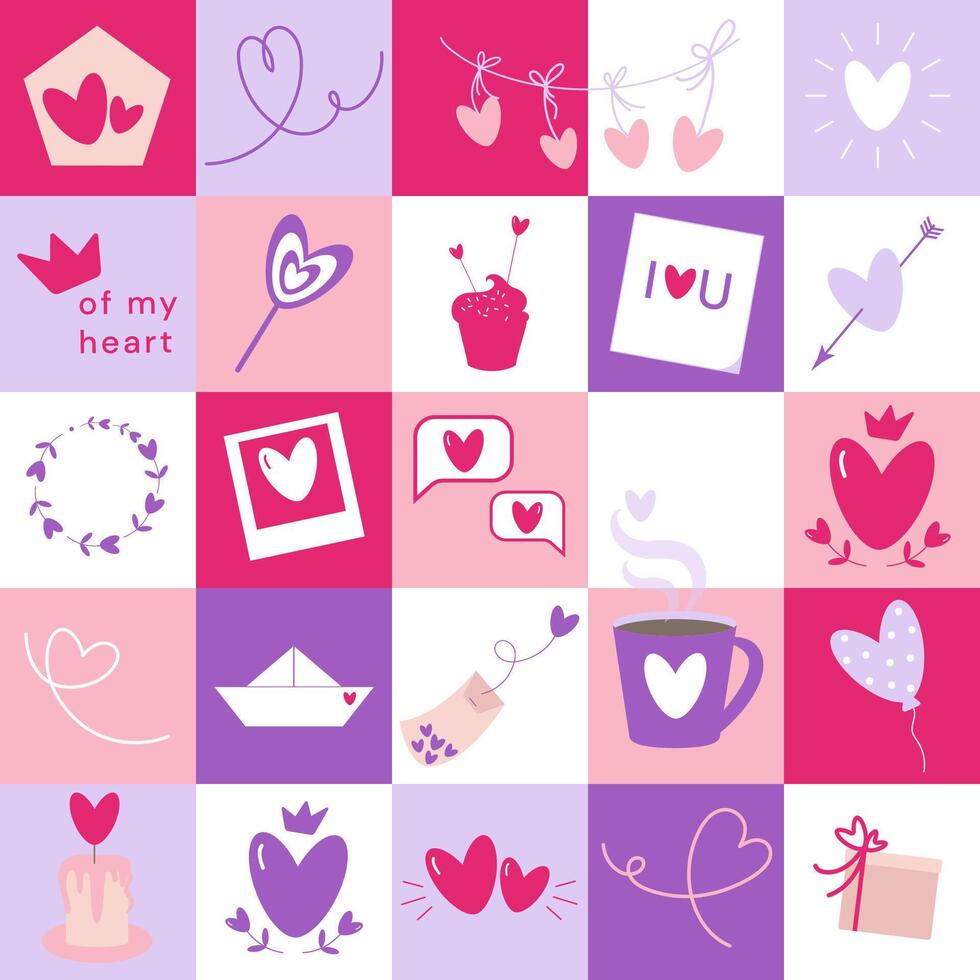 Love season pastel seamless patchwork pattern with heart shape elements, quilt Valentines day background, vector