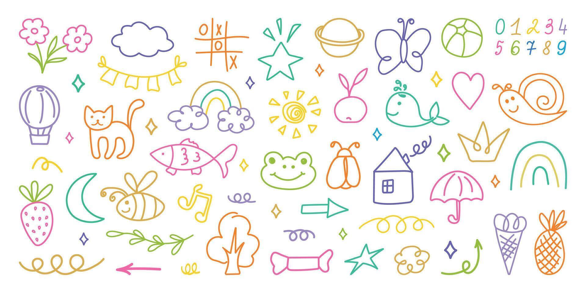 Hand drawn kid crayon illustrations. Pencil or marker underline set. Child geometric abstract elements. Children lines icons, arrow, figures, brush, chalk scribble. Shapes in doodle style vector