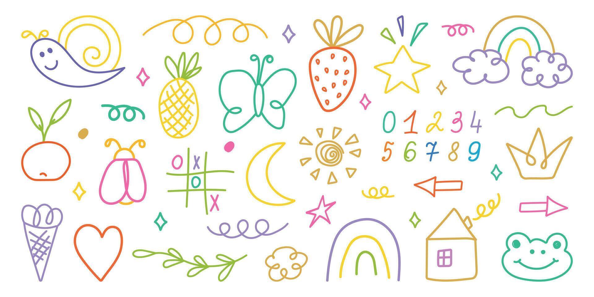 Hand drawn kid crayon illustrations. Pencil or marker underline set. Child geometric abstract elements. Children lines icons, arrow, figures, brush, chalk scribble. Shapes in doodle style. vector
