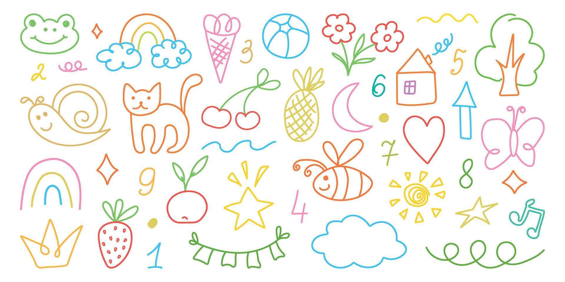 Hand drawn kid crayon illustrations. Pencil or marker underline set. Child geometric abstract elements. Shapes in doodle style. Children lines icons, chalk scribble, arrow, figures, brush. vector