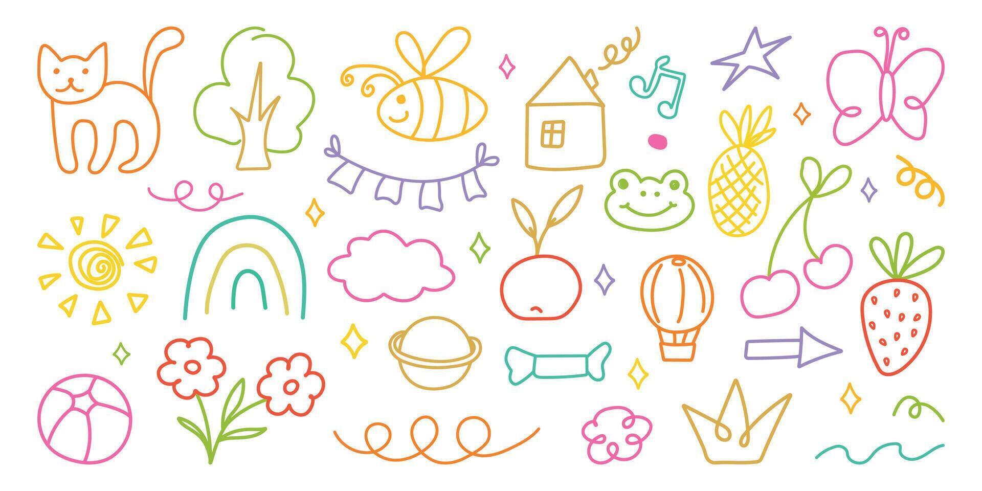 Hand drawn kid crayon illustrations. Children lines icons, arrow, figures, brush, chalk scribble. Pencil or marker underline set. Child geometric abstract elements. Shapes in doodle style. vector