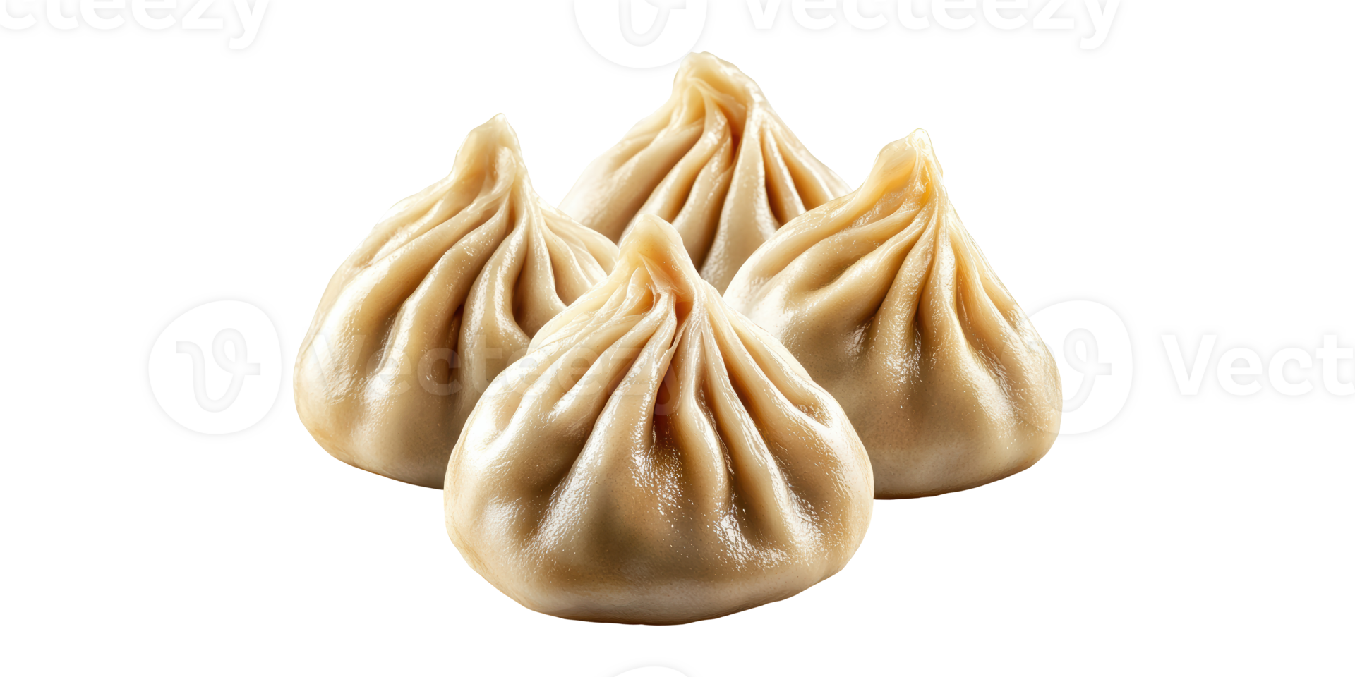 Four steamed dumplings with pleated wrapping isolated on transparent background png