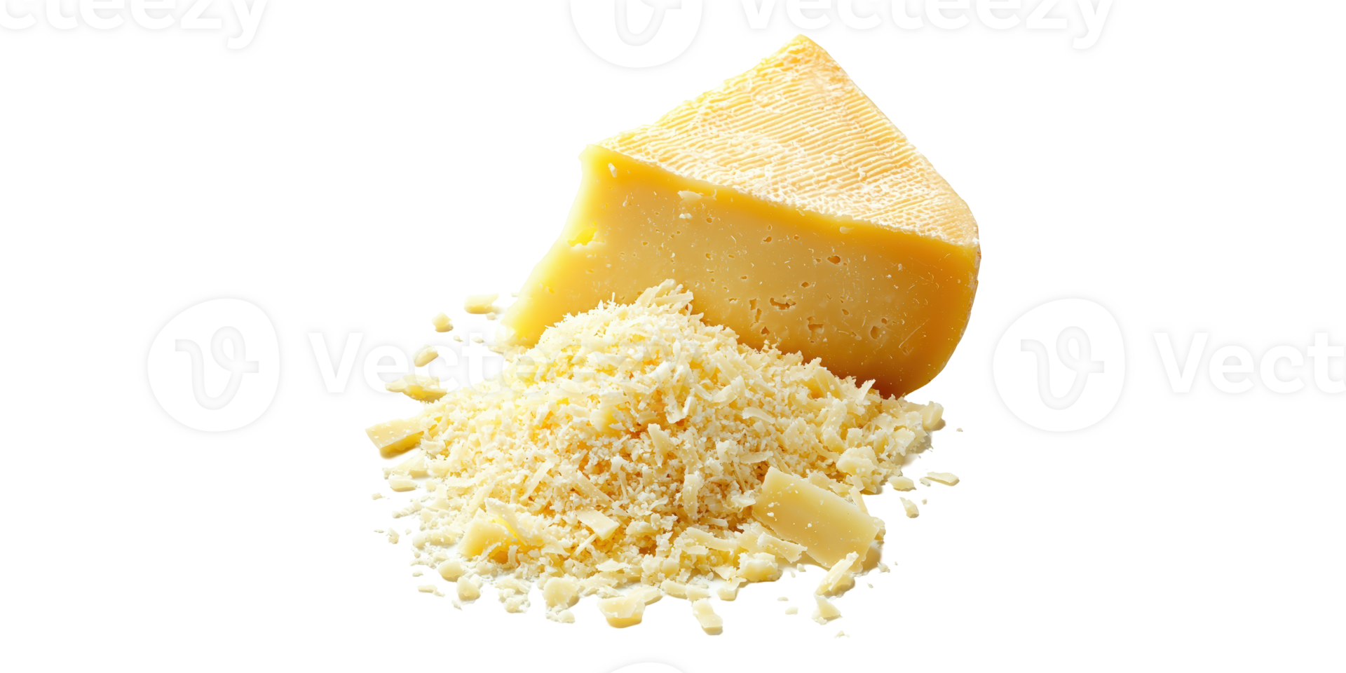 Chunk of hard parmesan cheese and grated pieces isolated on transparent background png