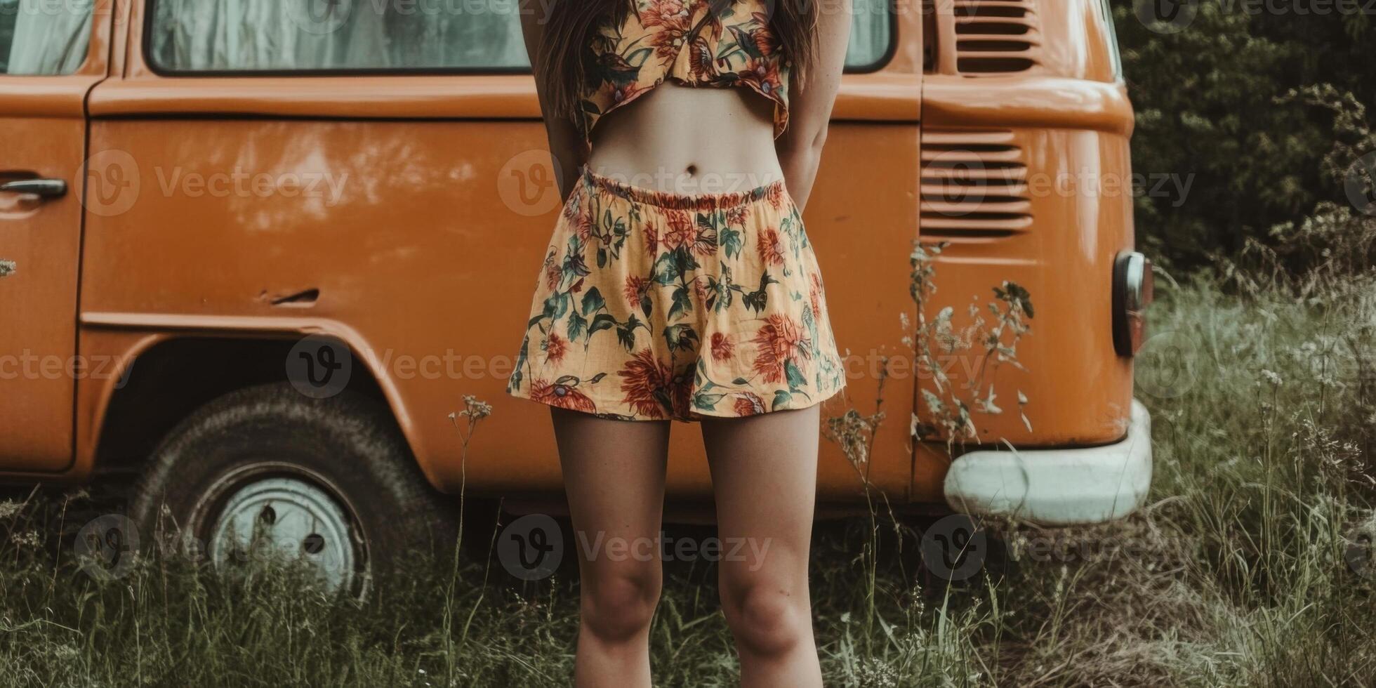 Captivating Vibrant Summer Vibes Featuring a Vintage Van and a Stylish Floral Outfit photo