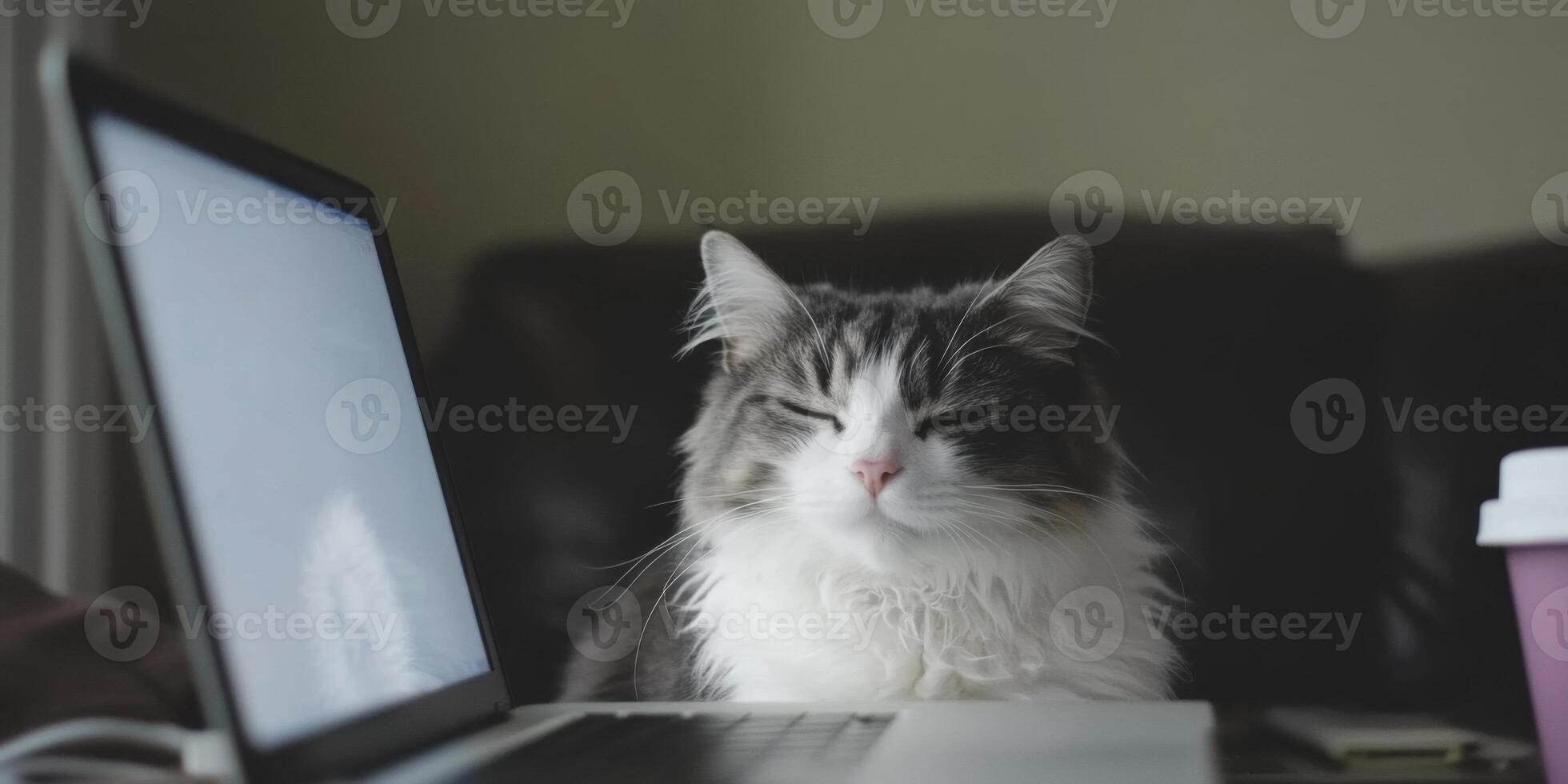 A Charming Cat Working on a Laptop An Adorable and Entertaining Office Companion photo