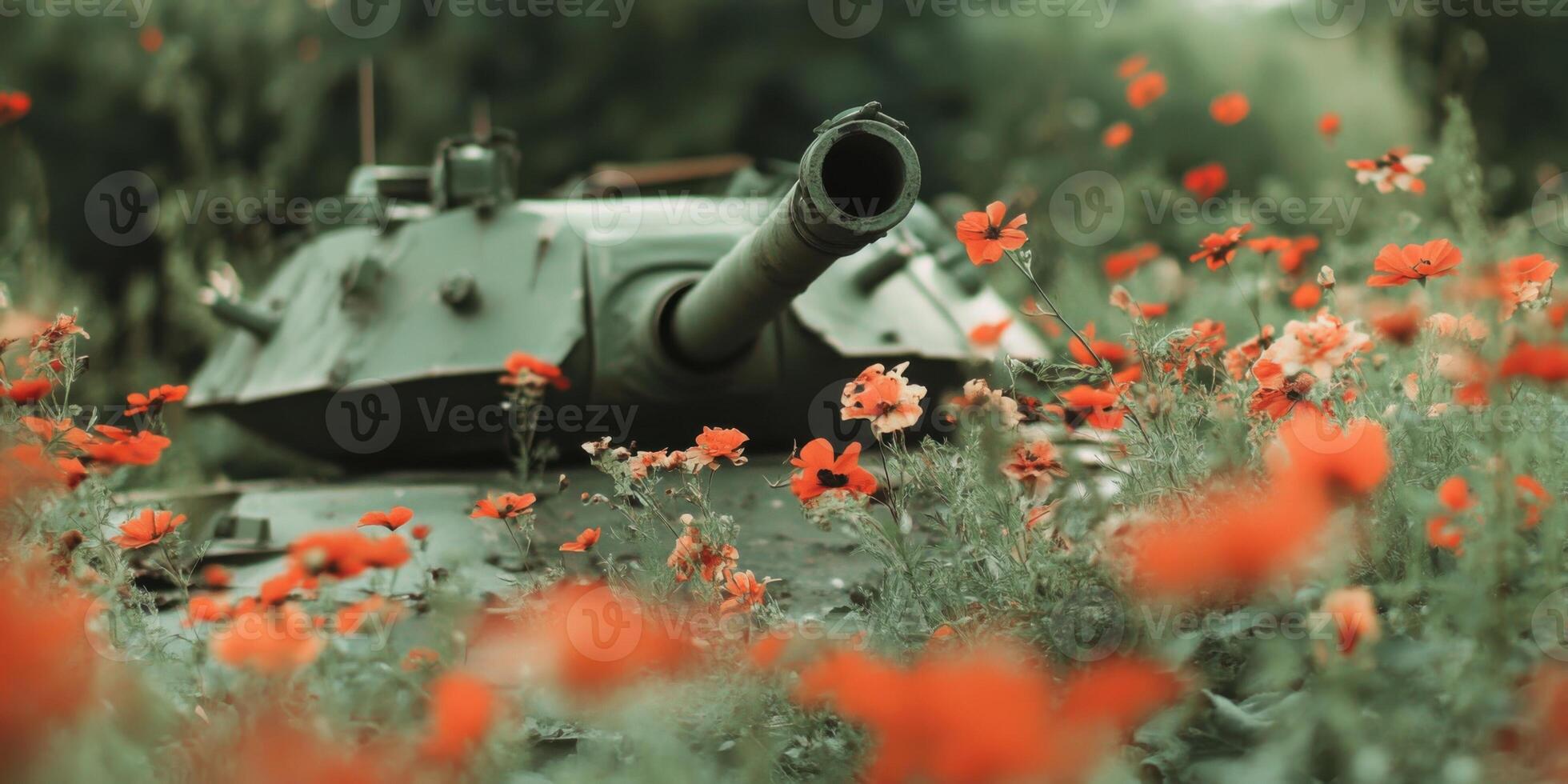 A tank rests silently among vibrant poppies, set in a serene and tranquil landscape photo