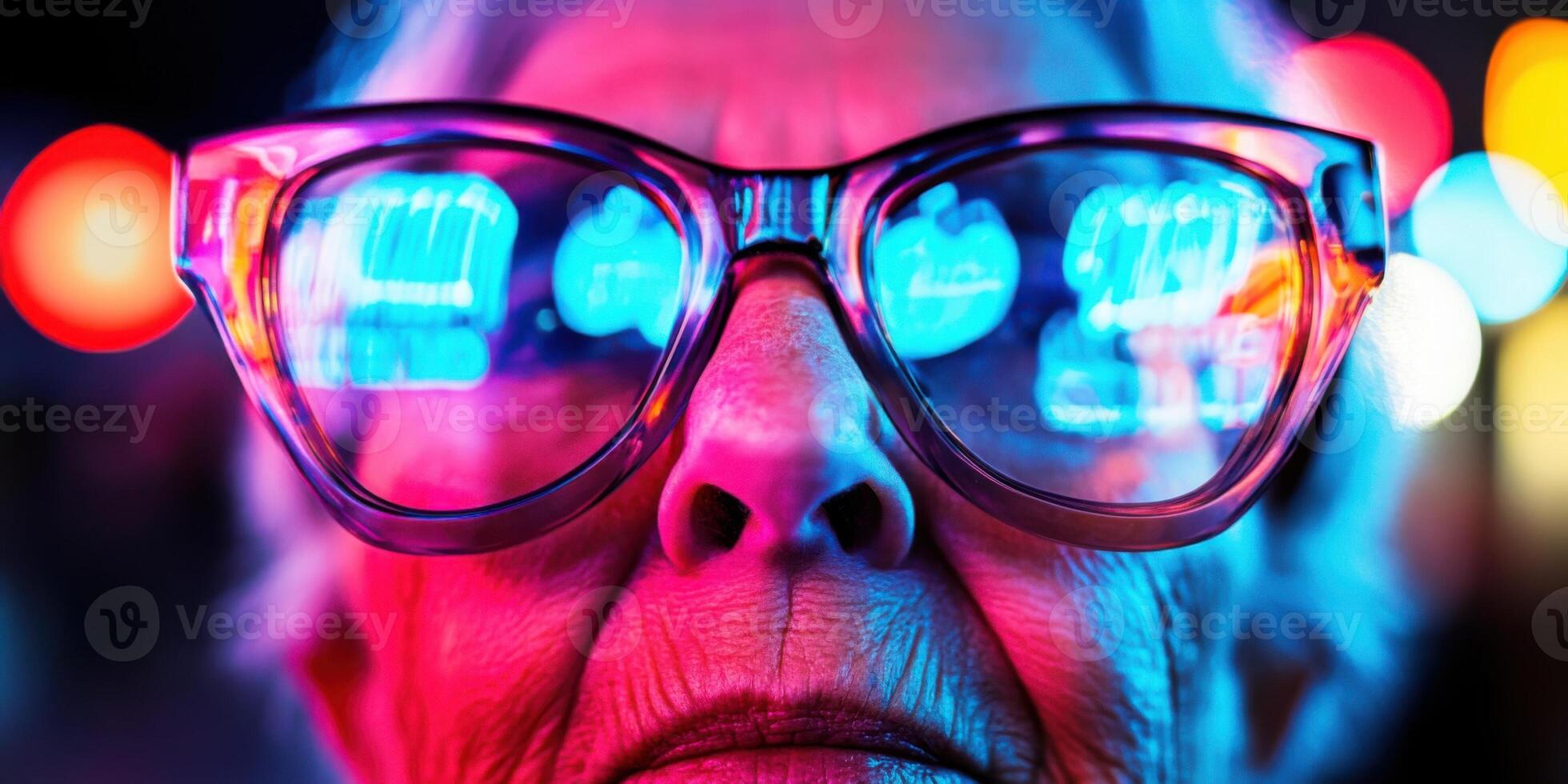 An Elderly Woman Donning Colorful Glasses Captivated by Vibrant Neon Lights all Around Her photo