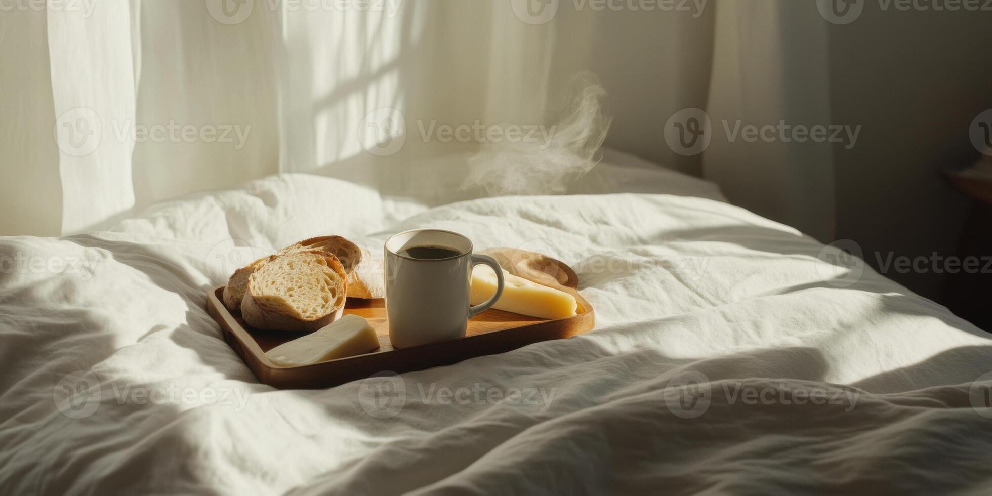 Enjoy a Cozy Breakfast in Bed with a Hot Cup of Coffee, Freshly Baked Bread, and Relaxation photo