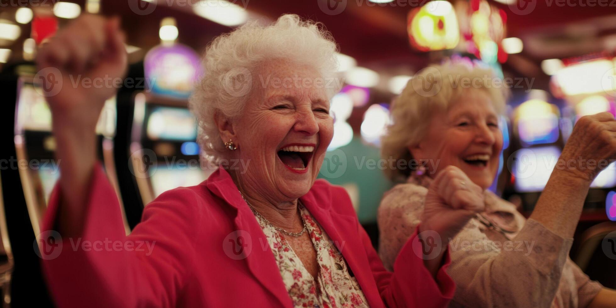 Celebrating Wins Together Joyful Seniors Enjoying Exciting Times at Casino Slot Machines photo