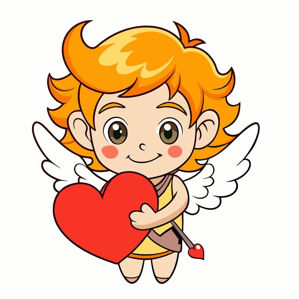 Cartoon angel cupid holding red heart. Cupid is a symbol of love. Picture for Valentine's Day and wedding. Suitable for logos, invitation,valentines,greeting card. Illustrations on a white background. vector