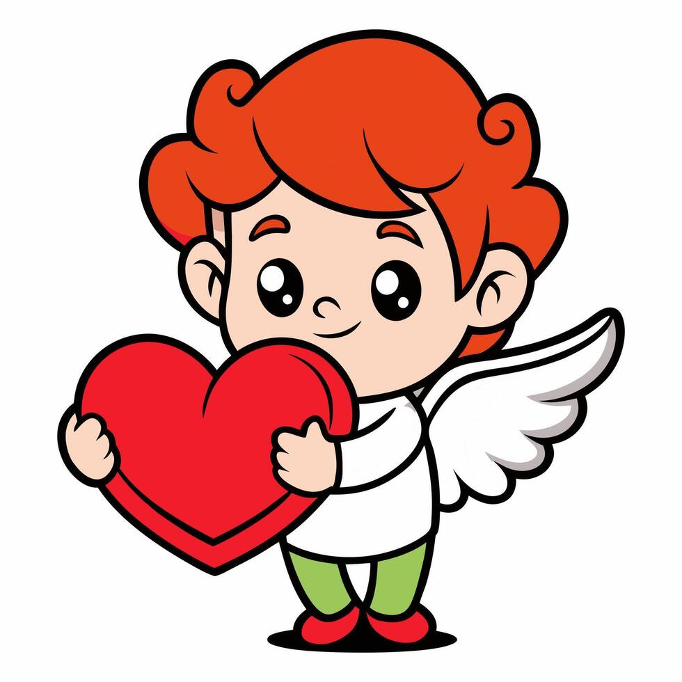 Cute angel cupid holding red heart. Cupid is a symbol of love. Picture for Valentine's Day and wedding. Suitable for logos, valentines,invitation, greeting card.Illustrations on a white background. vector