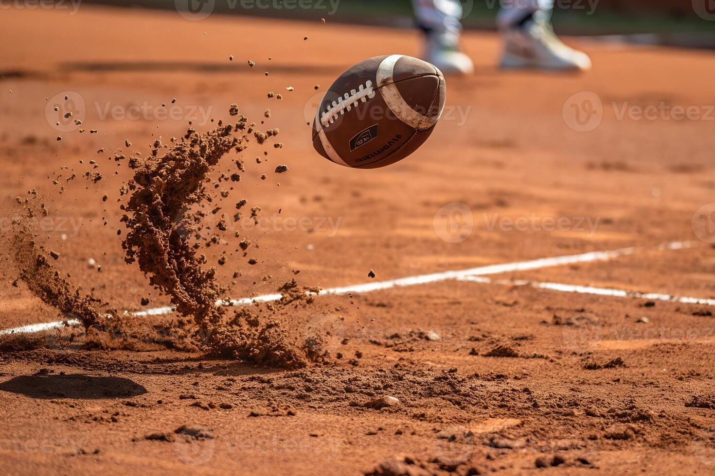 Close up view of american football ball hitting on a clay court photo