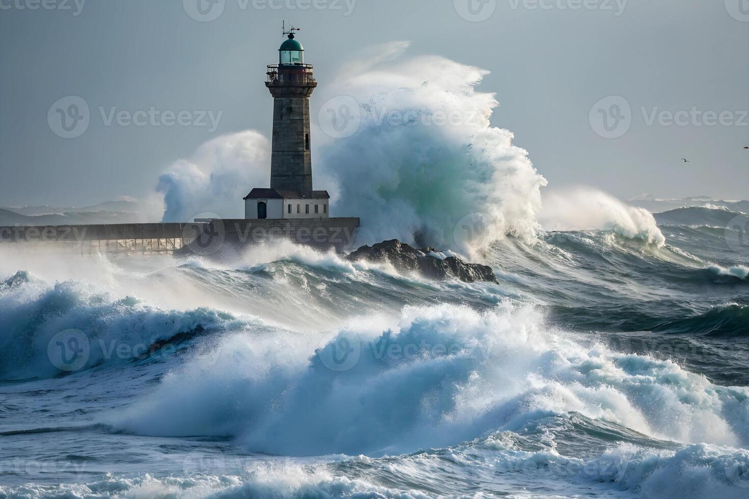 Storm waves crash against the rocks, the lighthouse standing steadfast amidst the relentless fury of the sea photo