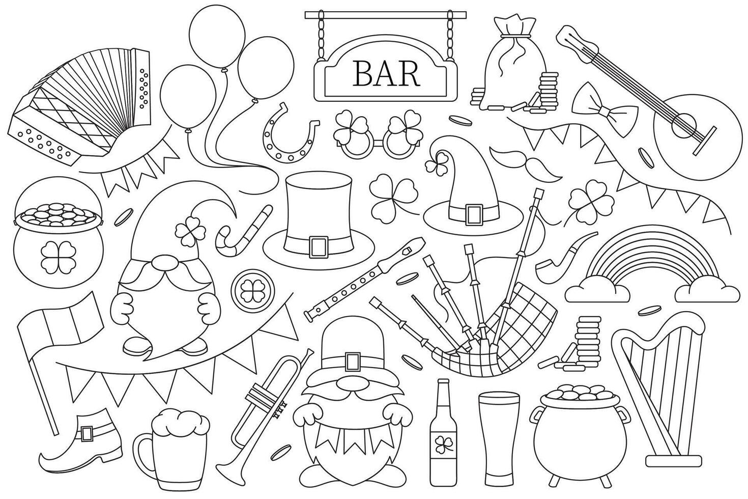 set of St. Patrick's Day, black and white linear icons, Irish folk musical instruments, festive flags, garlands, leprechauns, clover leaves, good luck symbols vector