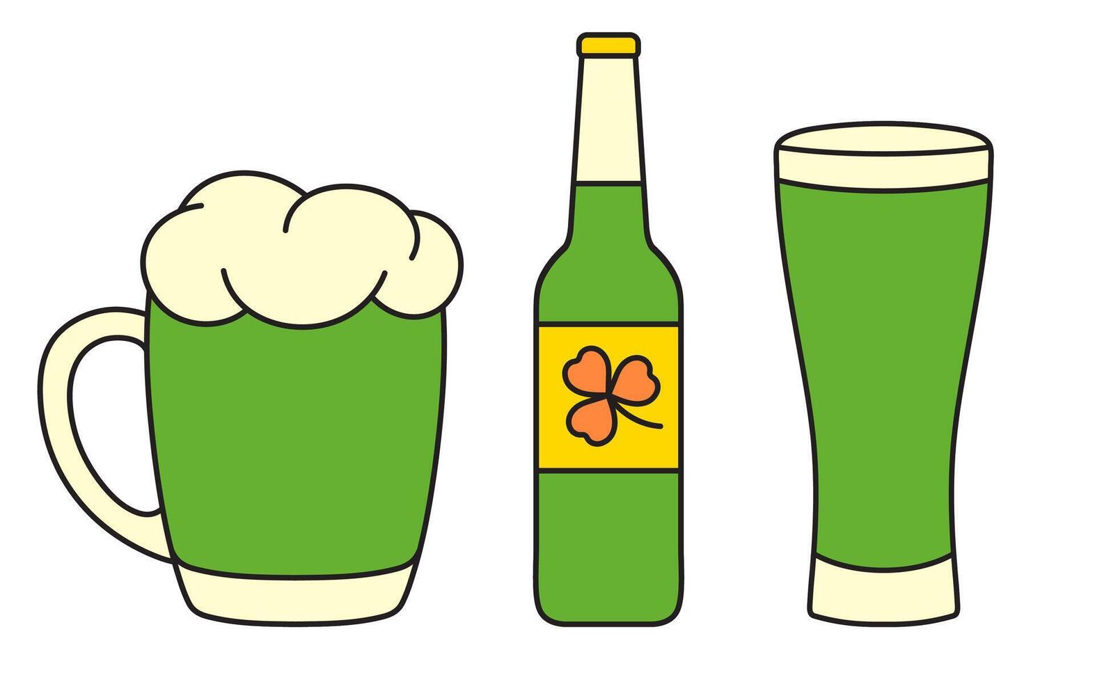 St. Patrick's Day, set of illustrations, glass bottle, mug, glass of green beer, retro vintage style, flat icon isolated on a white transparent background vector