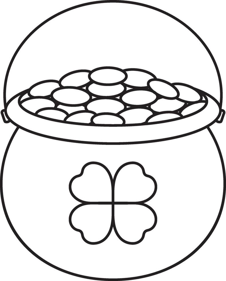 St. Patrick's Day, a full pot of gold coins, a four-leaf clover, a black and white linear icon isolated on a white transparent background vector