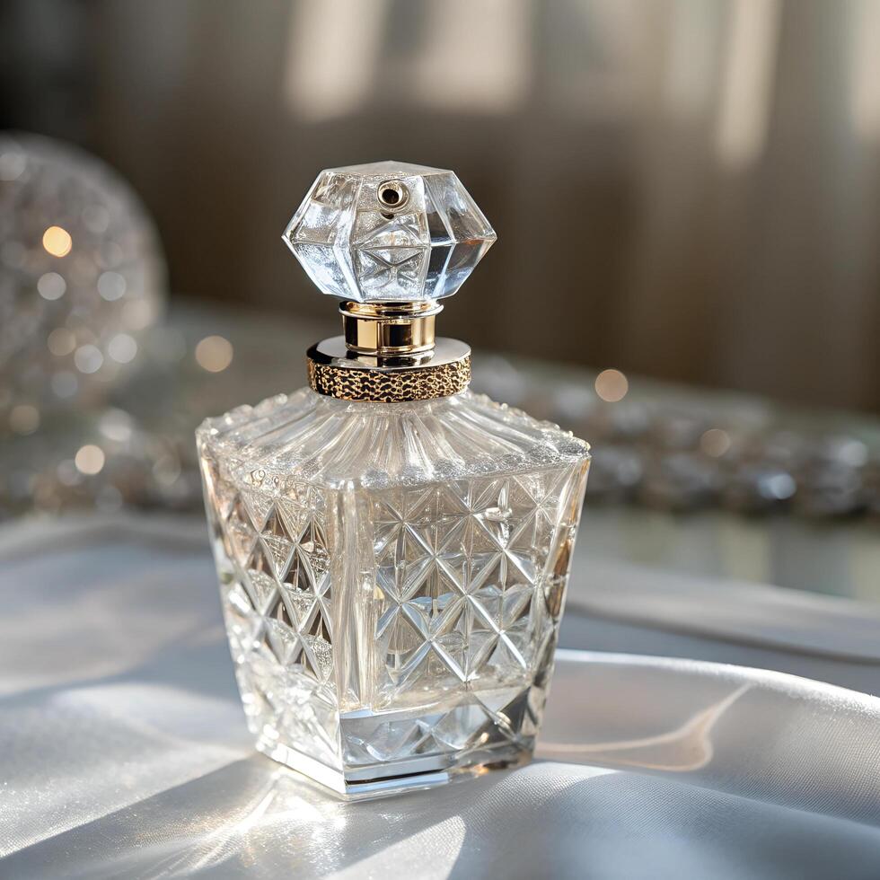Elegant crystal perfume bottle, catching and refracting the light in a multitude of beautiful colors photo