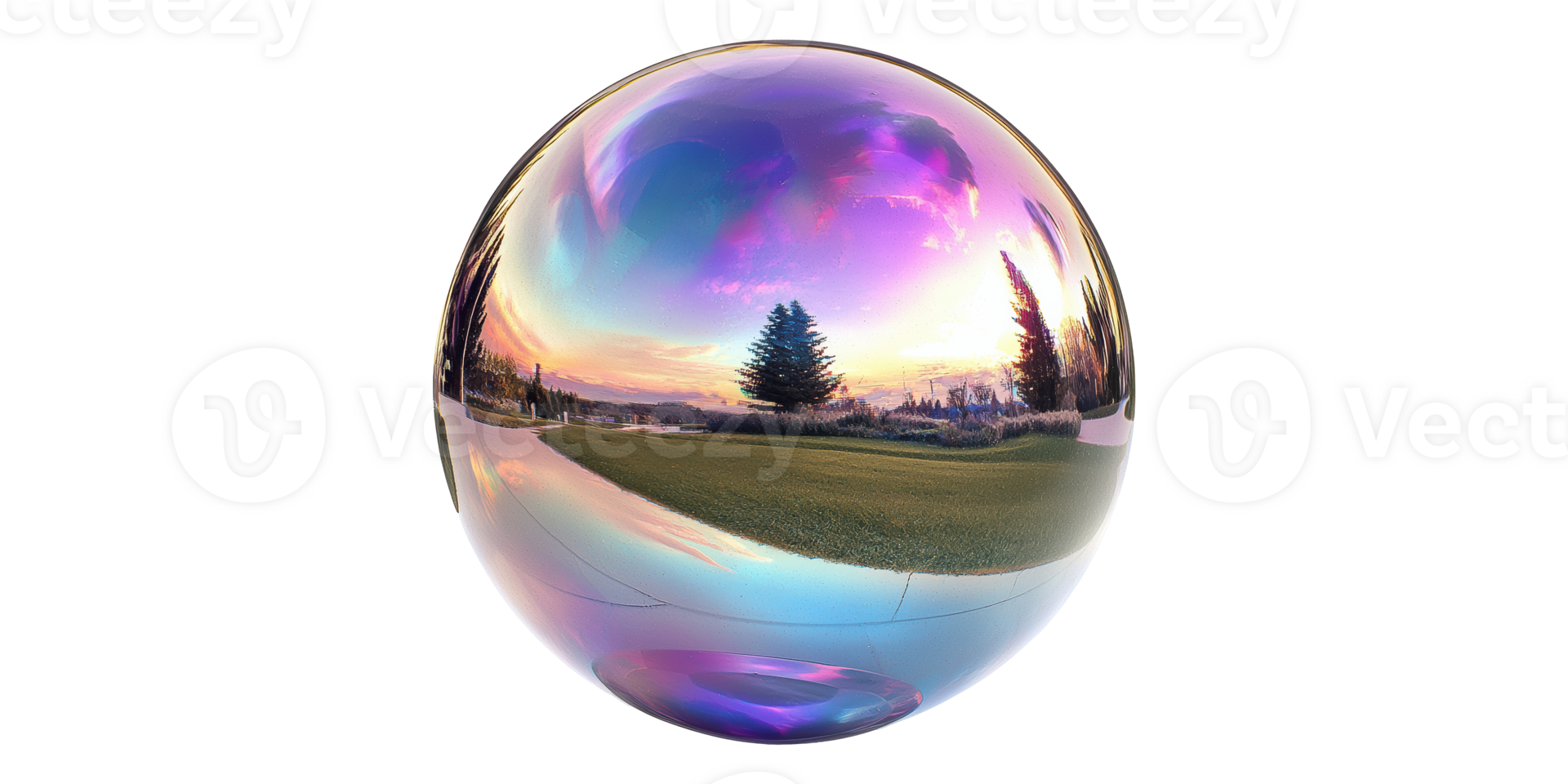 Iridescent reflective egg with sunset scene isolated on transparent background png