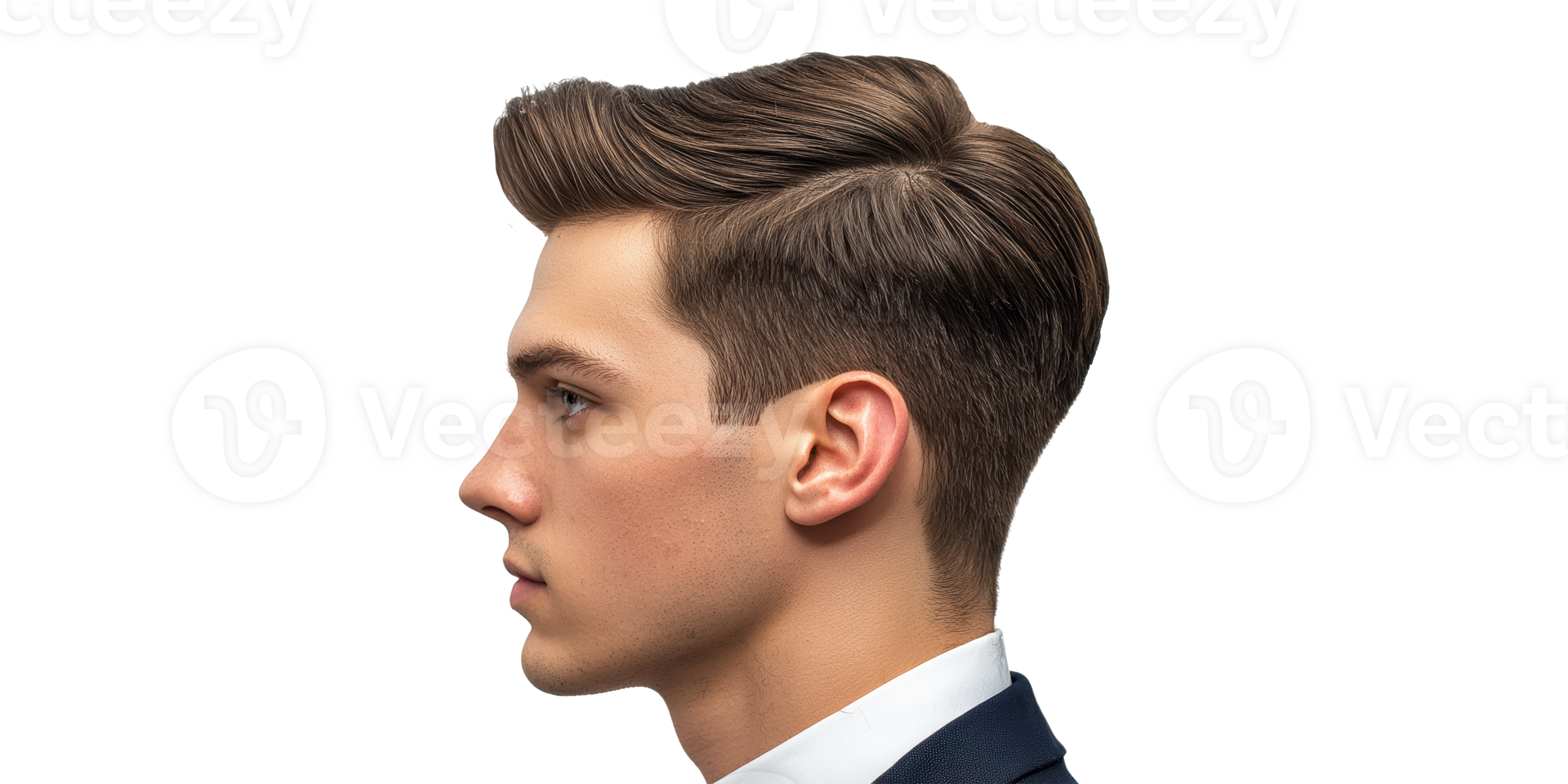 Side profile of young male with stylish haircut isolated on transparent background png