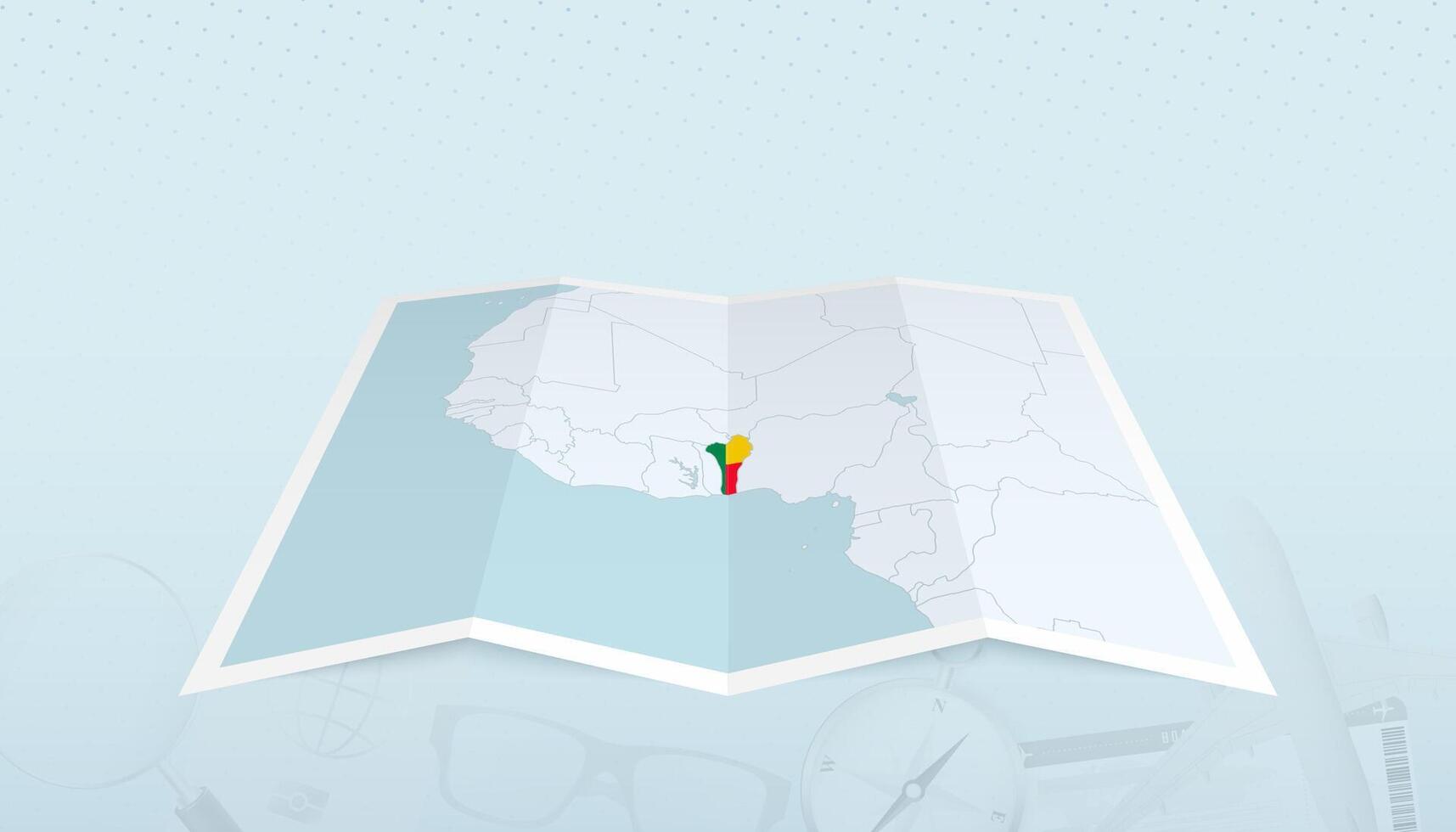 Map of Benin with the flag of Benin in the contour of the map on a trip abstract backdrop. vector