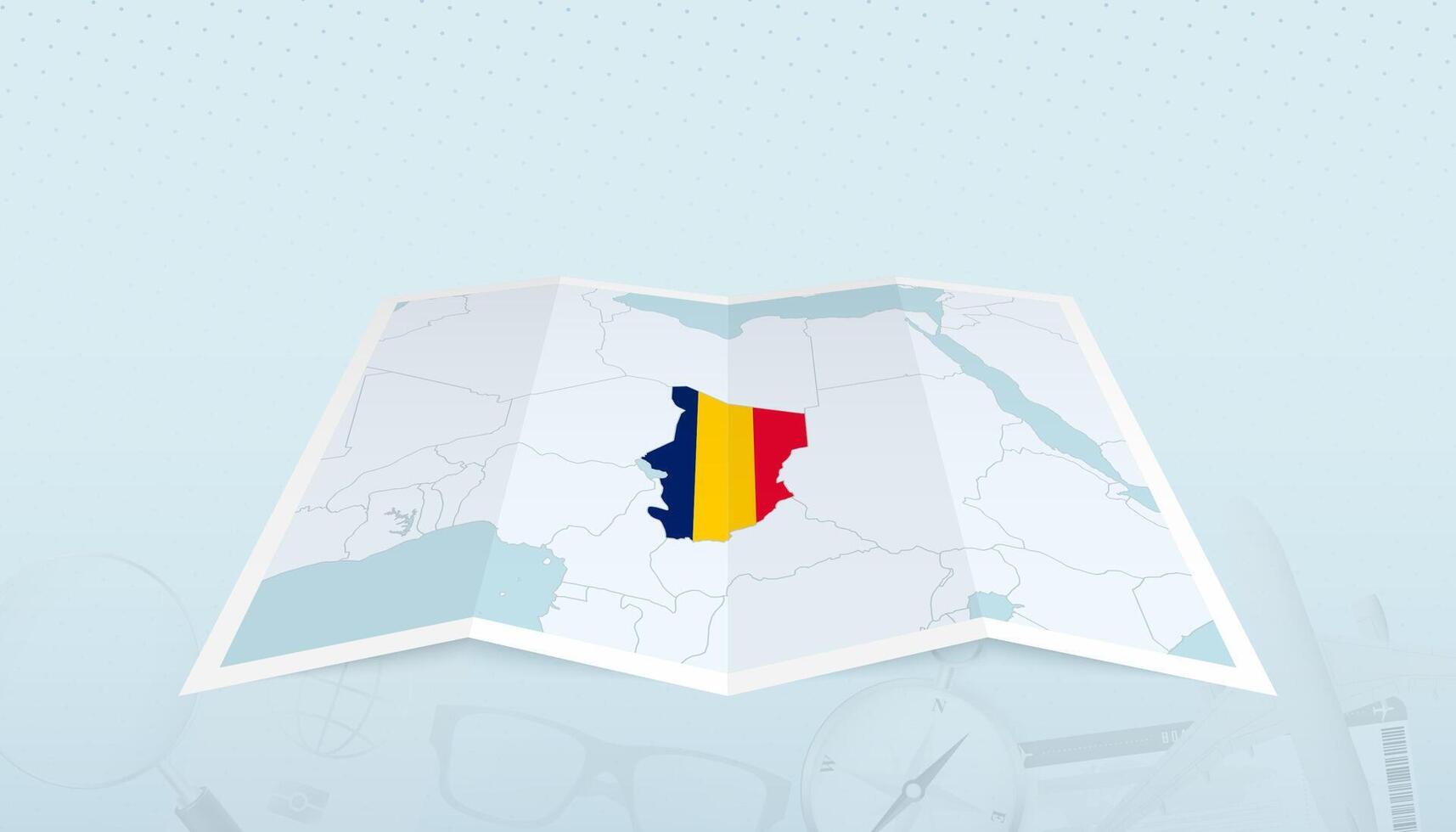 Map of Chad with the flag of Chad in the contour of the map on a trip abstract backdrop. vector