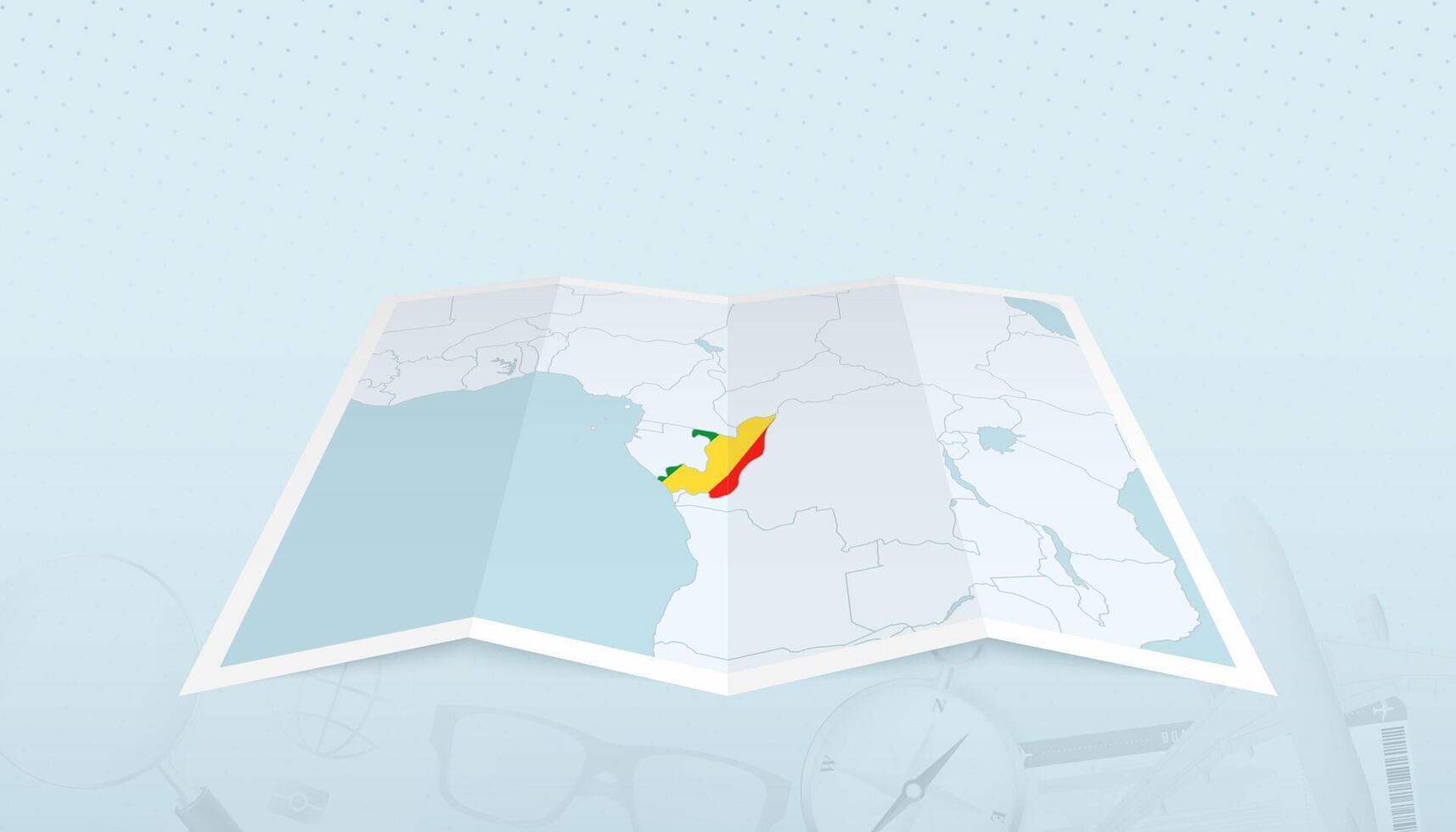 Map of Congo with the flag of Congo in the contour of the map on a trip abstract backdrop. vector