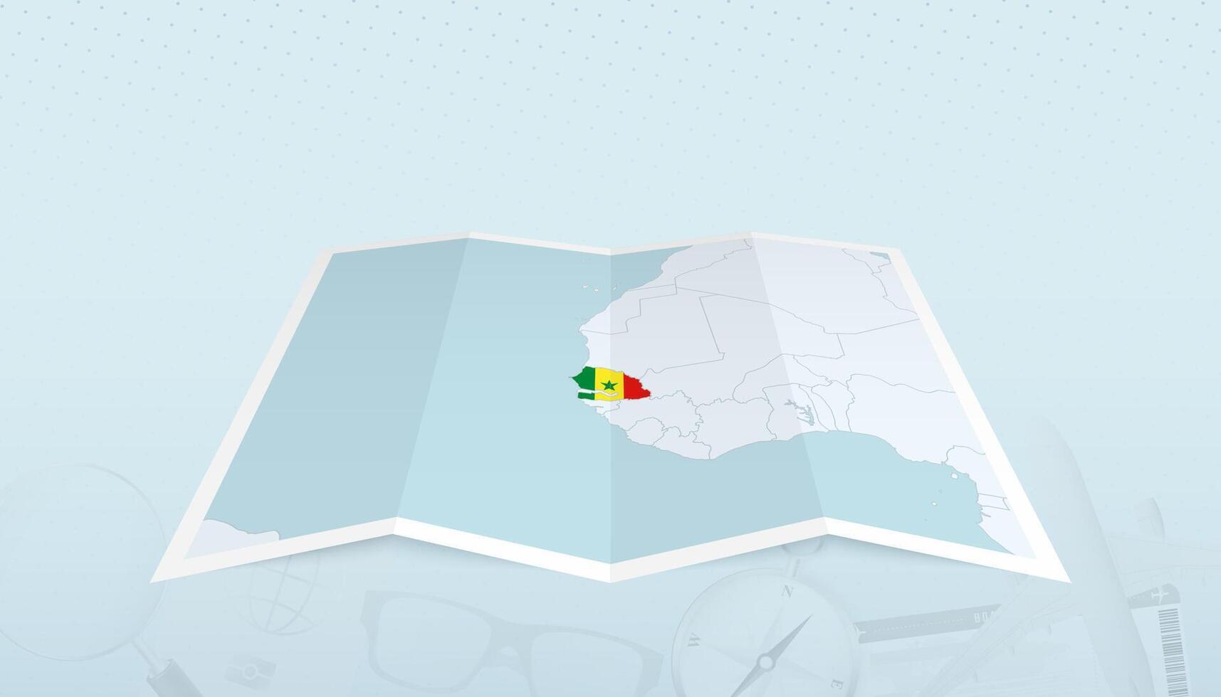 Map of Senegal with the flag of Senegal in the contour of the map on a trip abstract backdrop. vector