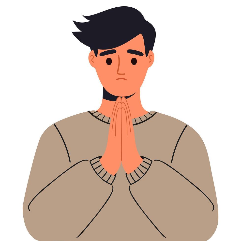 Young sad man folding his hands in a prayer gesture and asking for forgiveness vector