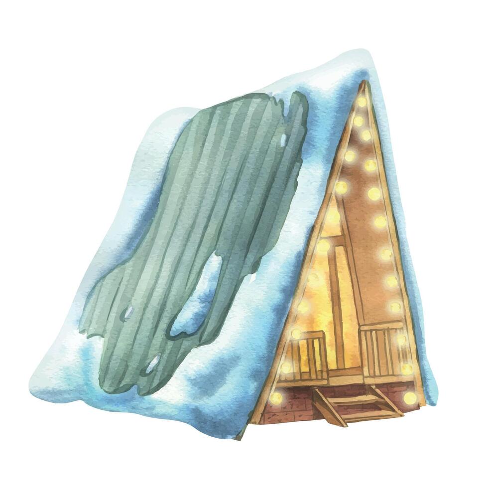Triangular wooden houses for outdoor recreation cozy with snow-covered roofs and decorated with garlands of lights. Watercolor winter illustration hand drawn. Element isolated from background. vector