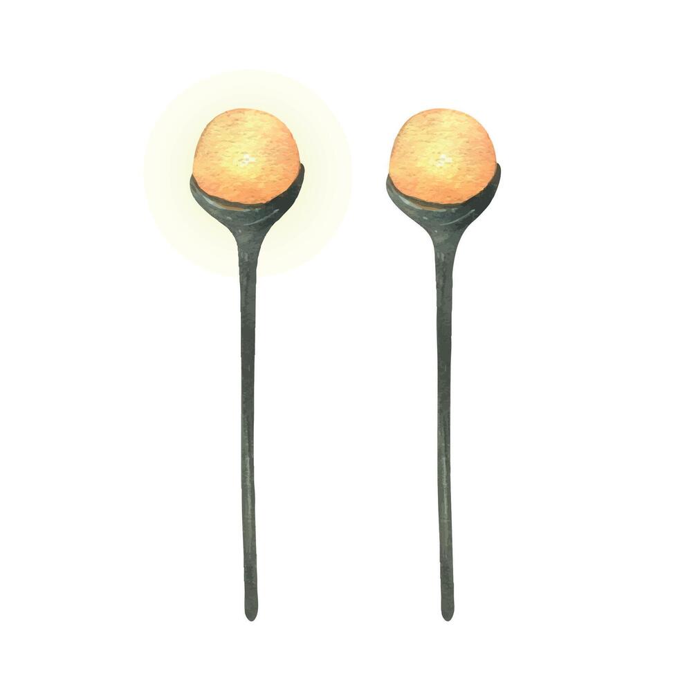 Street lamp single round on a black cast iron leg with a warm yellow-orange light. Watercolor illustration hand-drawn. Set of individual elements isolated from the background vector