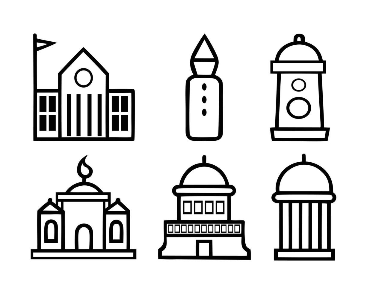 Thin Line Building Icons Set Mosque, Church, Museum, Library Collection vector