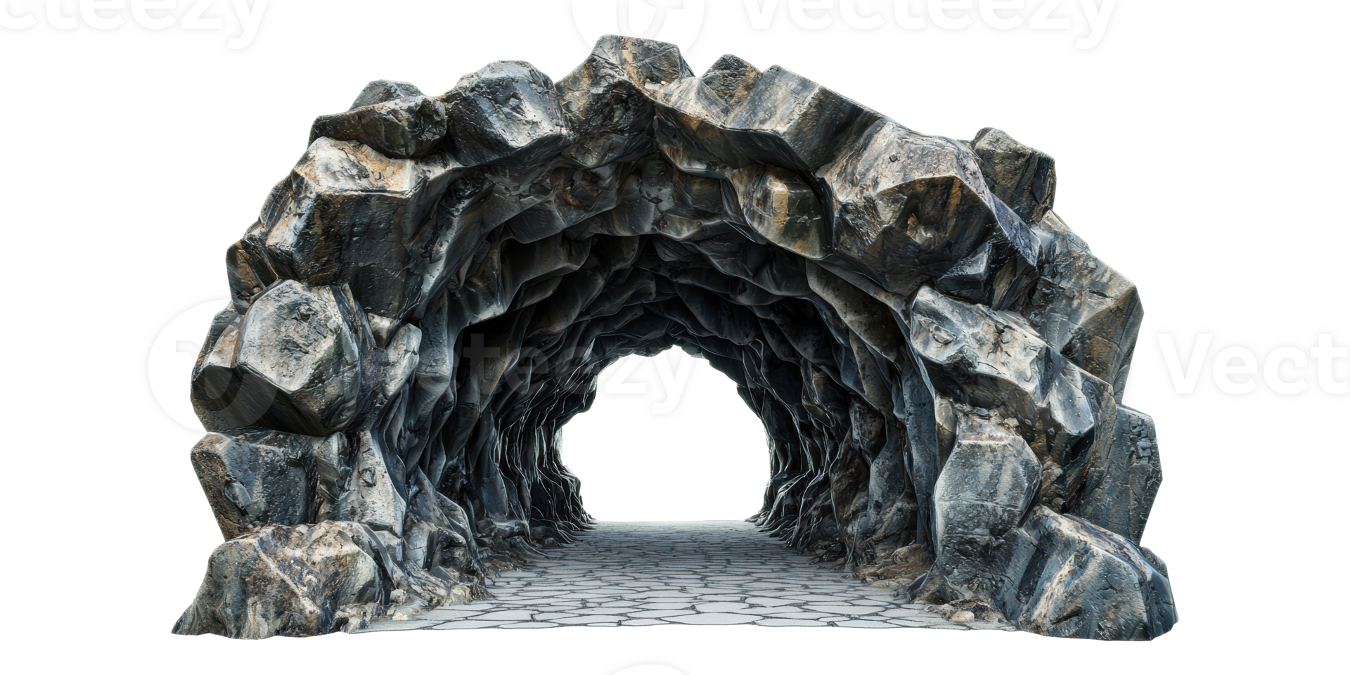 Rocky tunnel entrance with stone path isolated on transparent background png