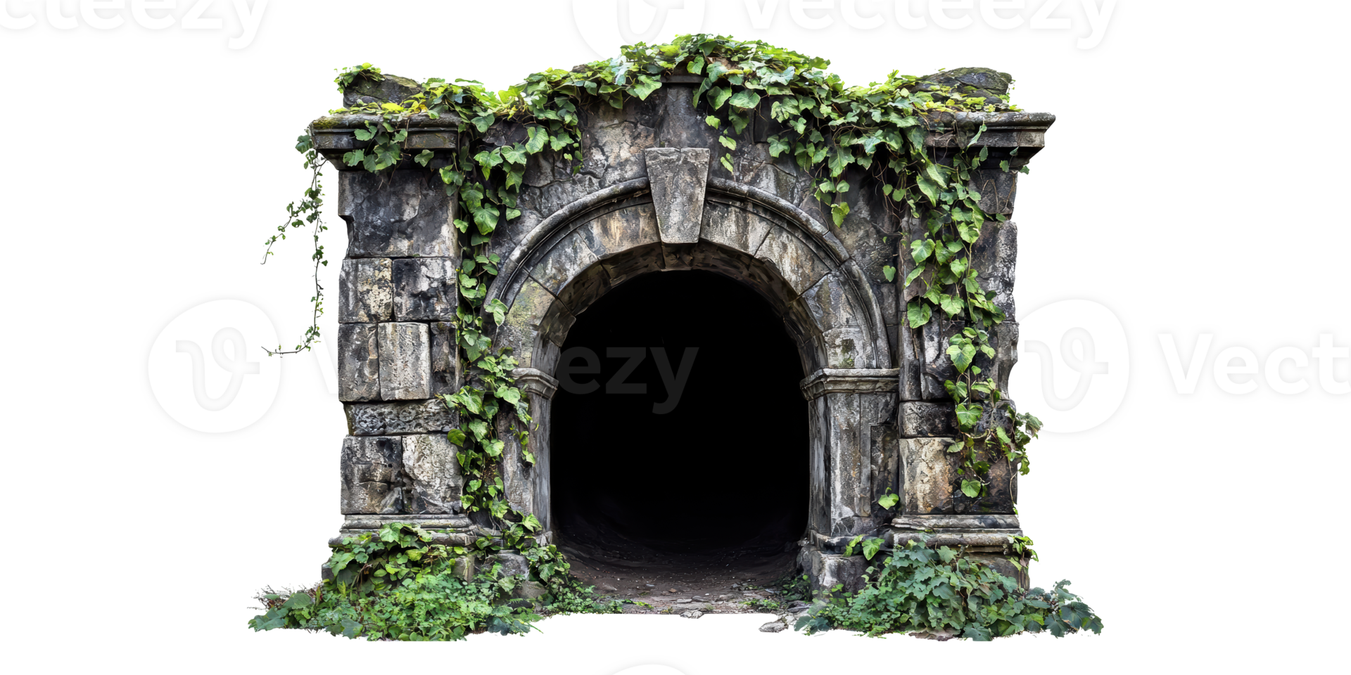 Ancient stone archway covered in vines isolated on transparent background png