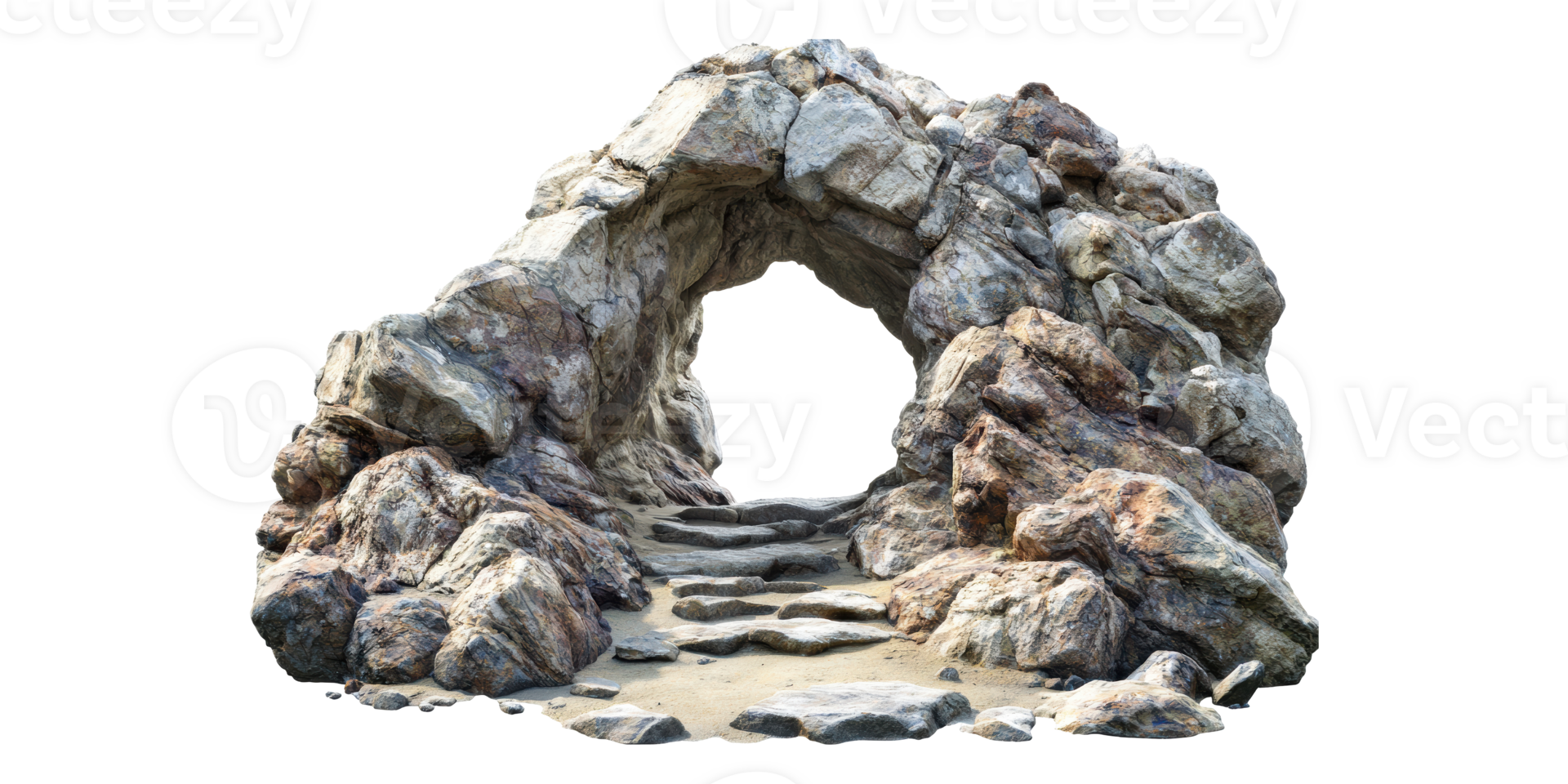 Rocky cave entrance with stone pathway isolated on transparent background png