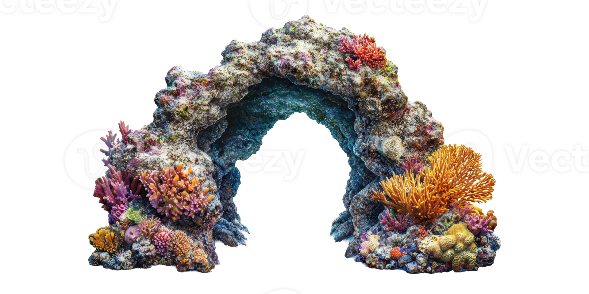 Vibrant coral reef arch with diverse marine life isolated on transparent background png