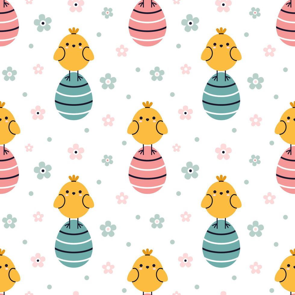 kids seamless pattern with easter eggs, chicks and flowers in flat design. Cute baby easter design on white background. Wrapping paper design. Kawaii easter seamless pattern. vector