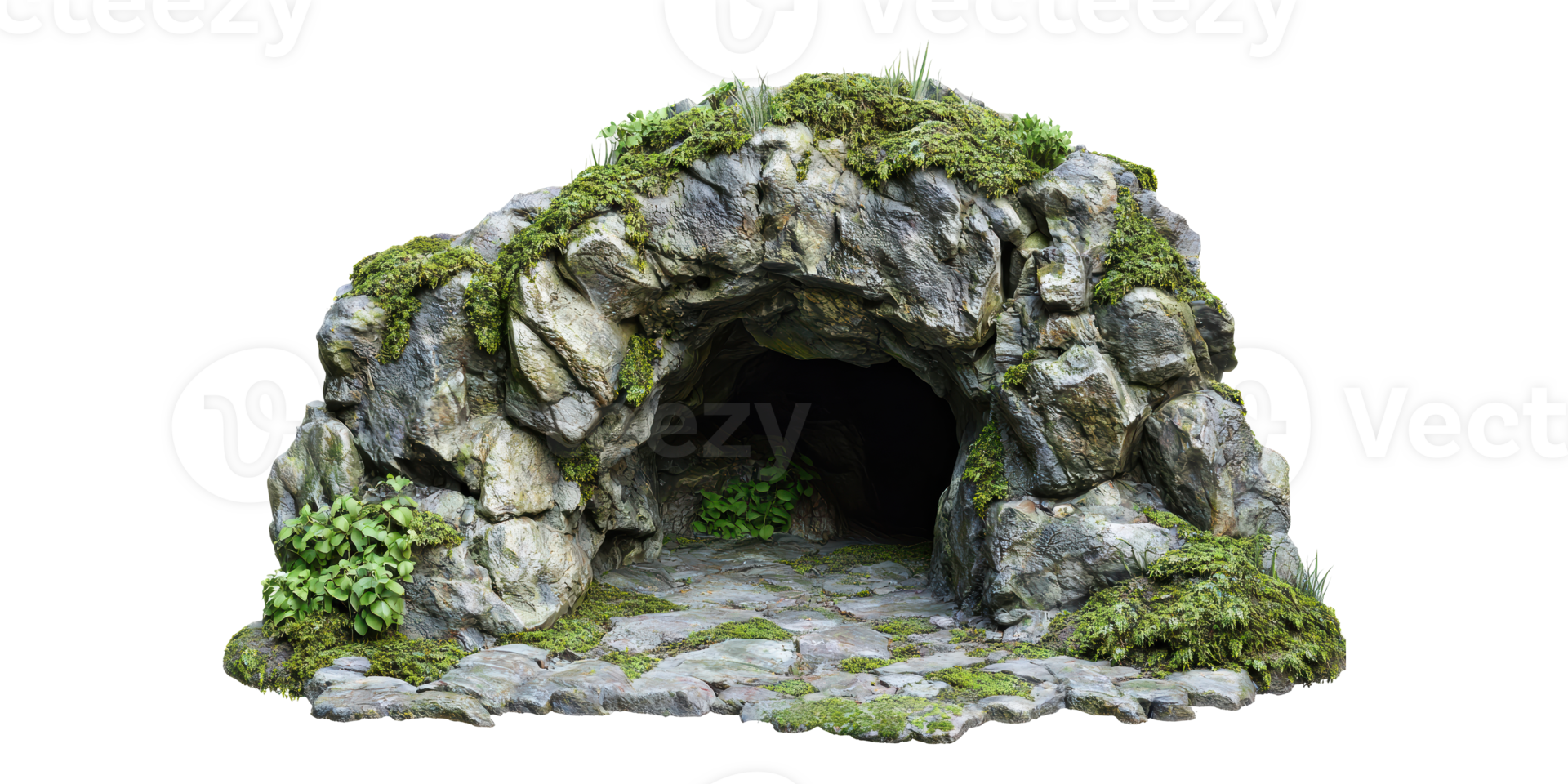 Rocky cave entrance covered with moss isolated on transparent background png
