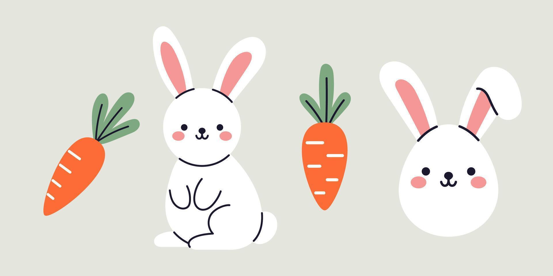 set of a cute funny easter bunnies and carrots in flat design. Collection of funny baby rabbits perfect for spring and easter decorations. vector