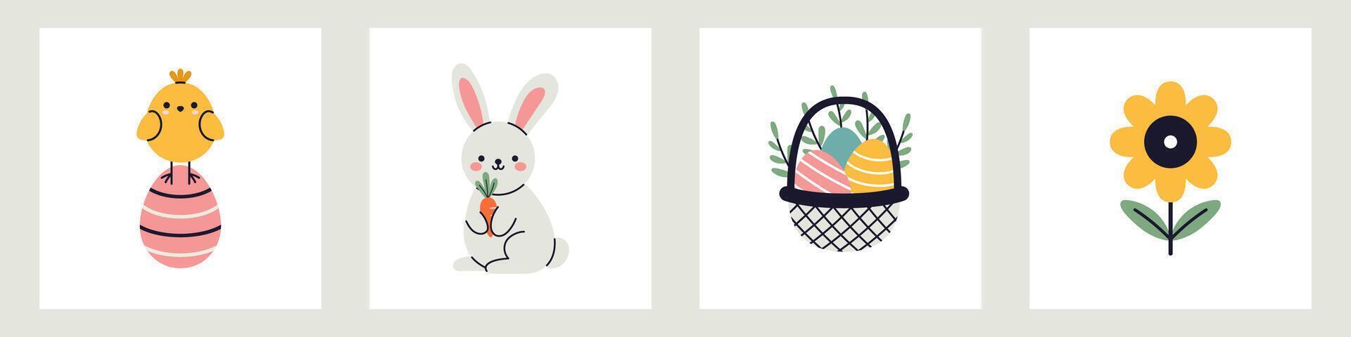 cute set of easter illustration in flat design. Eggs, chick rabbits and bunnies elements. Collection of easter illustrations. vector