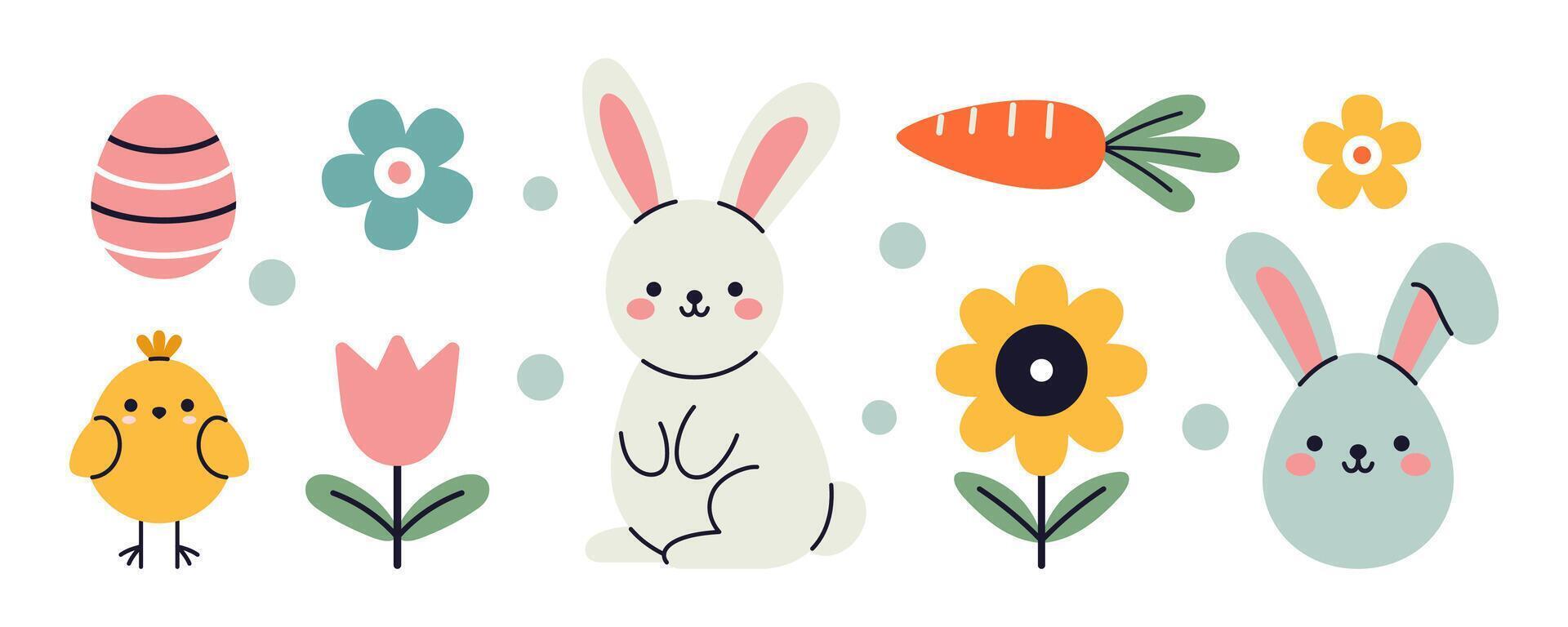 set of cute kids Easter elements with colorful easter eggs, rabbits, chickens and flowers. Funny childish springtime clipart collection in flat design. Kawaii animals. vector