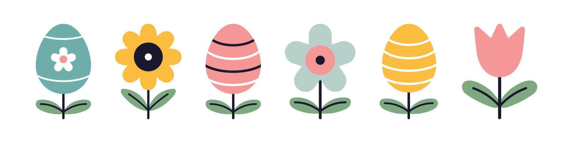 set of colorful flowers and easter eggs in flat design. Collection with various floral designs in a cartoon style. Perfect for easter spring decorations, greeting cards, and festive designs. vector
