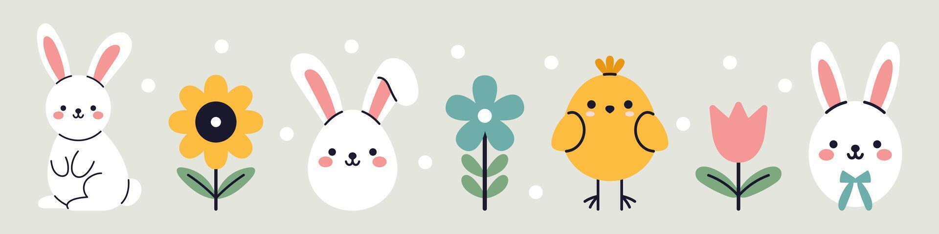 set of cute baby animals. Bunnies and rabbits, chick and flowers. Funny childish springtime clipart collection in flat design. Kawaii animals. Easter objects. vector