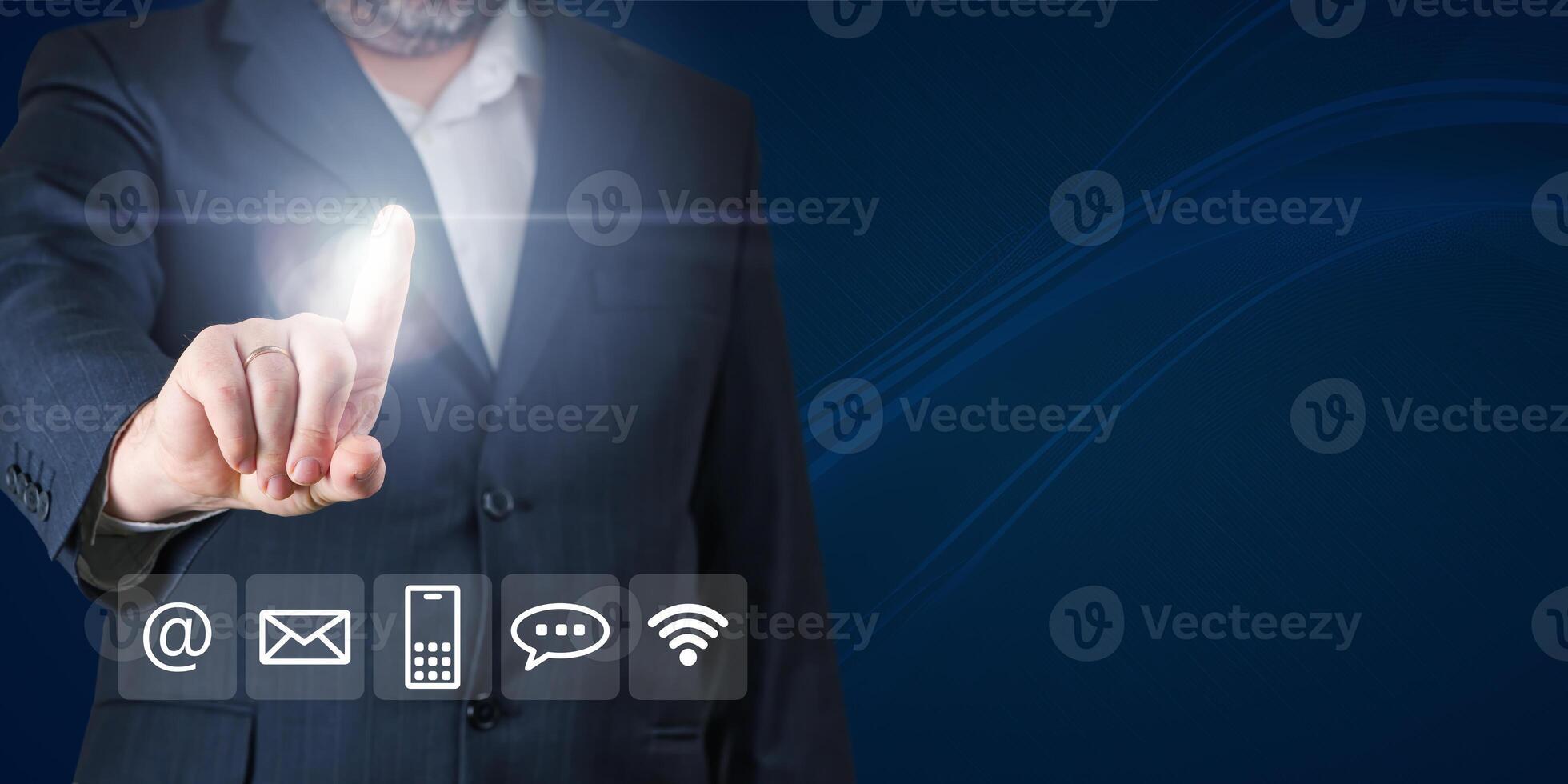 Businessman touching screen for contact us information. Contact us concept. customer consulting service, email, hotline, business contact, digital online business, digital service. photo