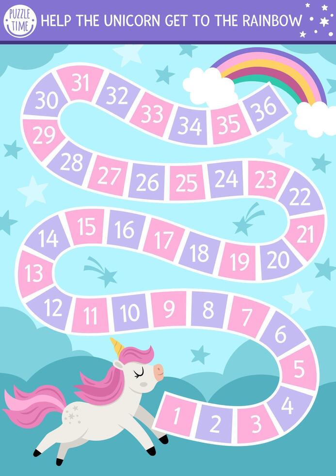 Unicorn simple dice board game for children with cute rainbow and falling stars. Fairytale boardgame with fantasy animal, sky background, clouds. Magic world printable activity or worksheet vector