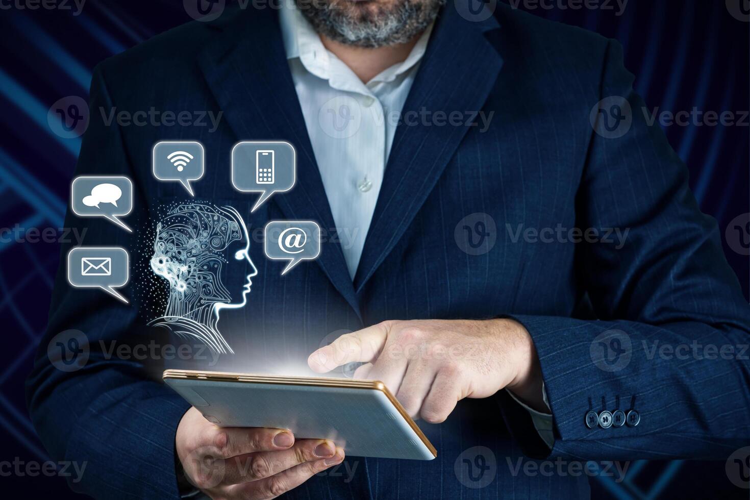 Contact us or Customer support. Businessman using tablet with email, call phone, mail, chat icons. Contact us, landing page, background photo