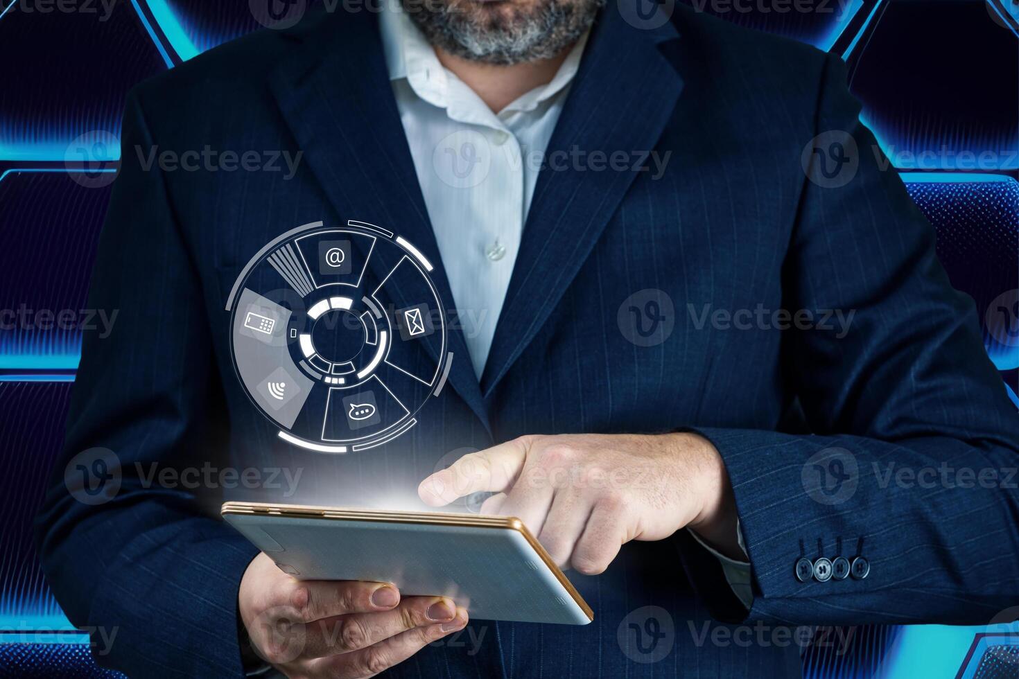Contact us or Customer support. Businessman using tablet with email, call phone, mail, chat icons. Contact us, landing page, background photo